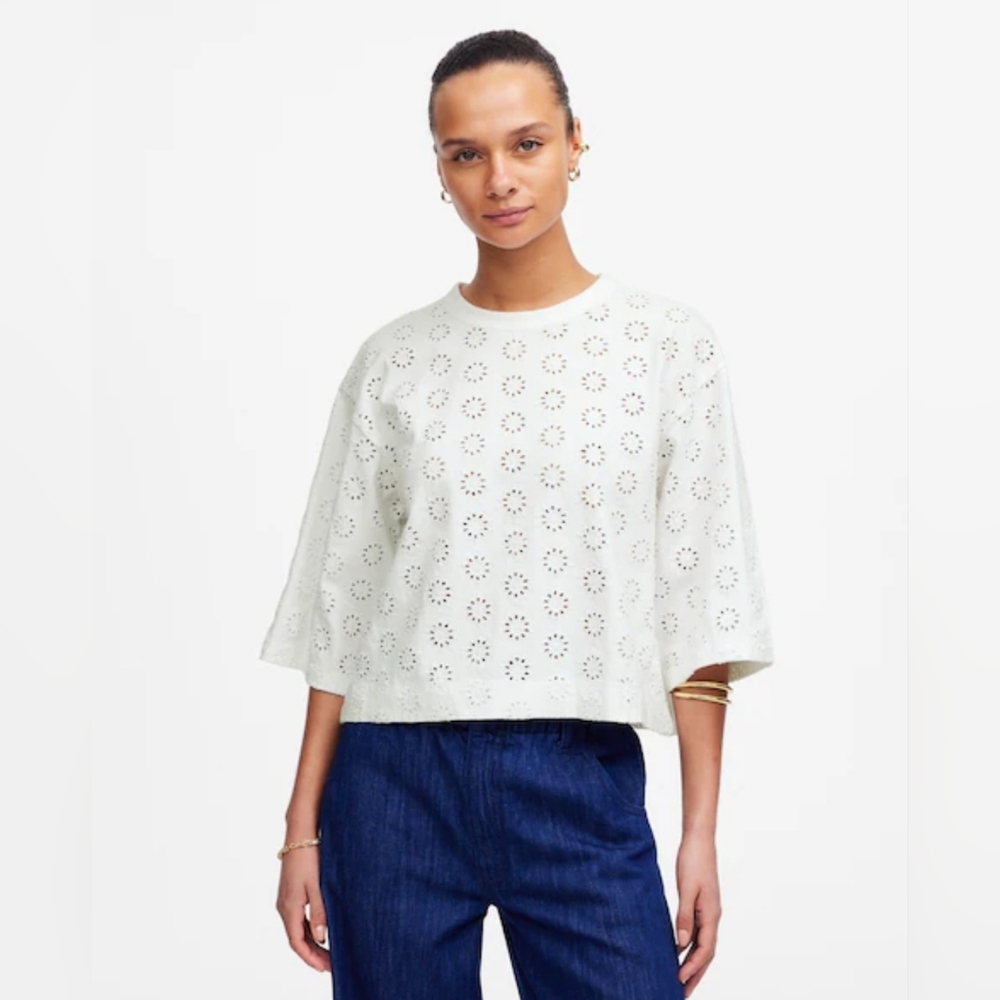 MADEWELL White Embroidered‎ Wide-Sleeve Boxy Tee Womens Size XS